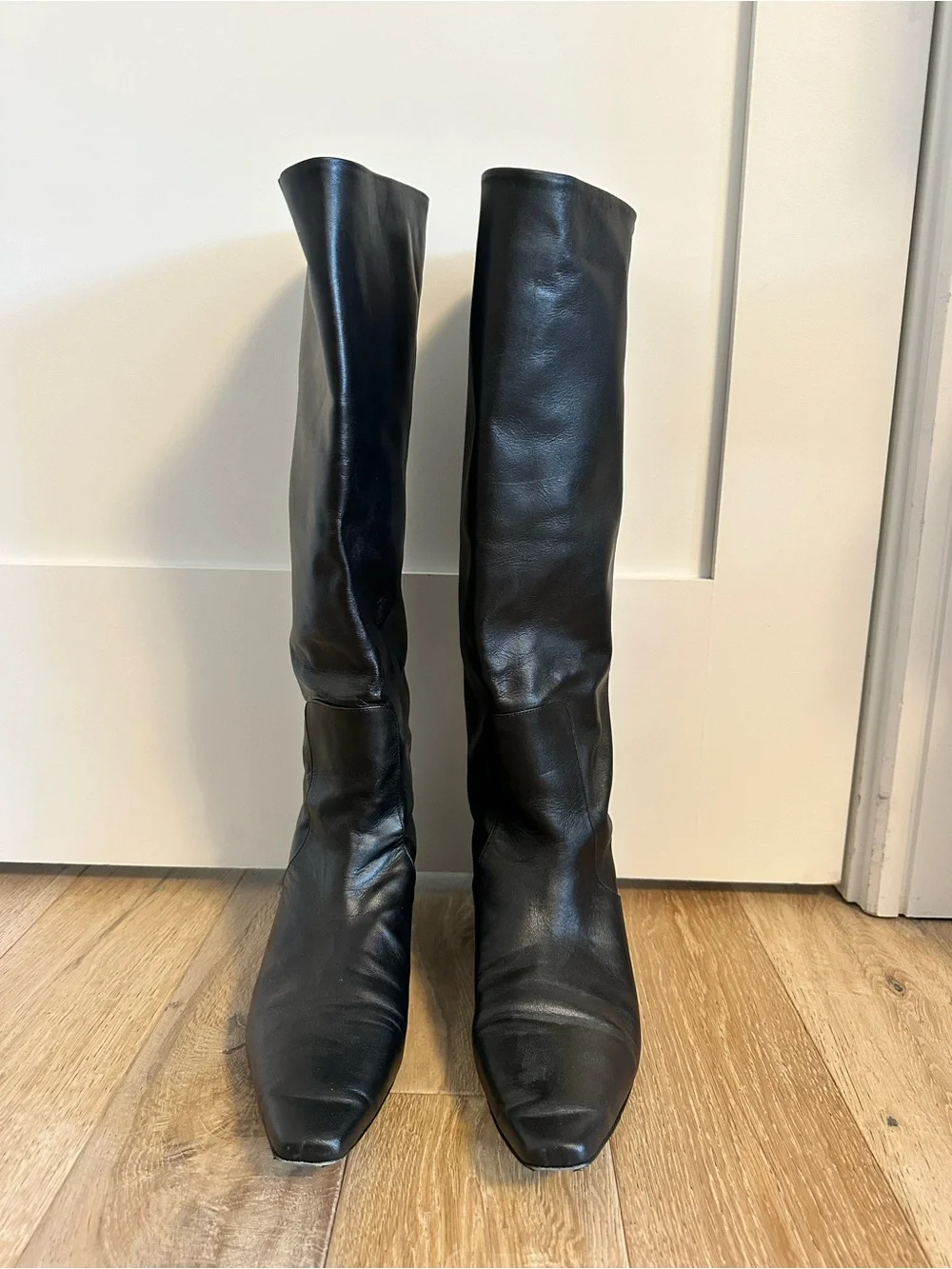 STAUD Black Leather Wally Flat Boots